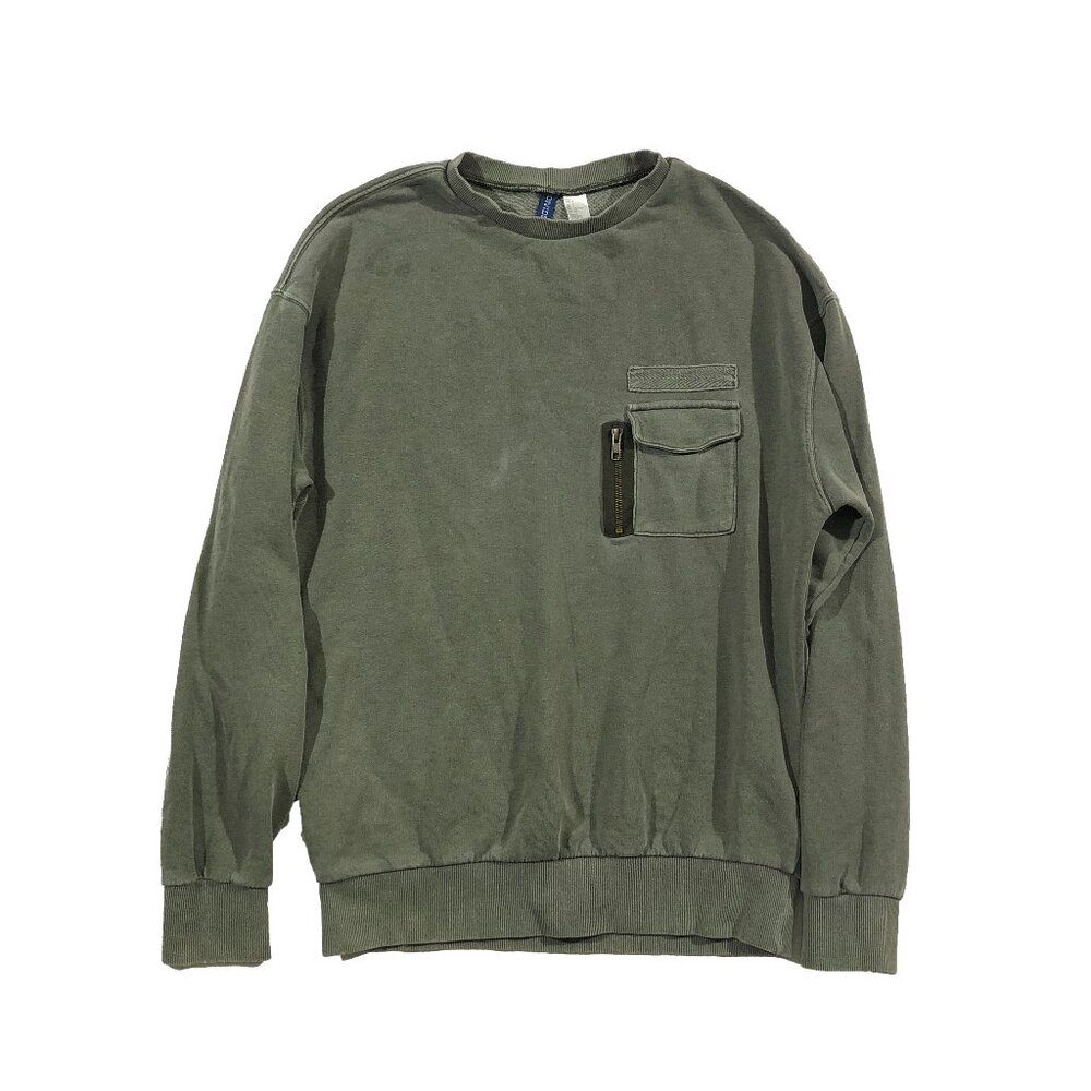 H&M Divided Mens S Green Crew Neck Long Sleeve Chest Pocket Pullover Sweatshirt